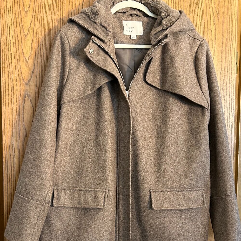A New Day Tan Wool Blend Pea Coat Women’s XL Hooded Winter Coat